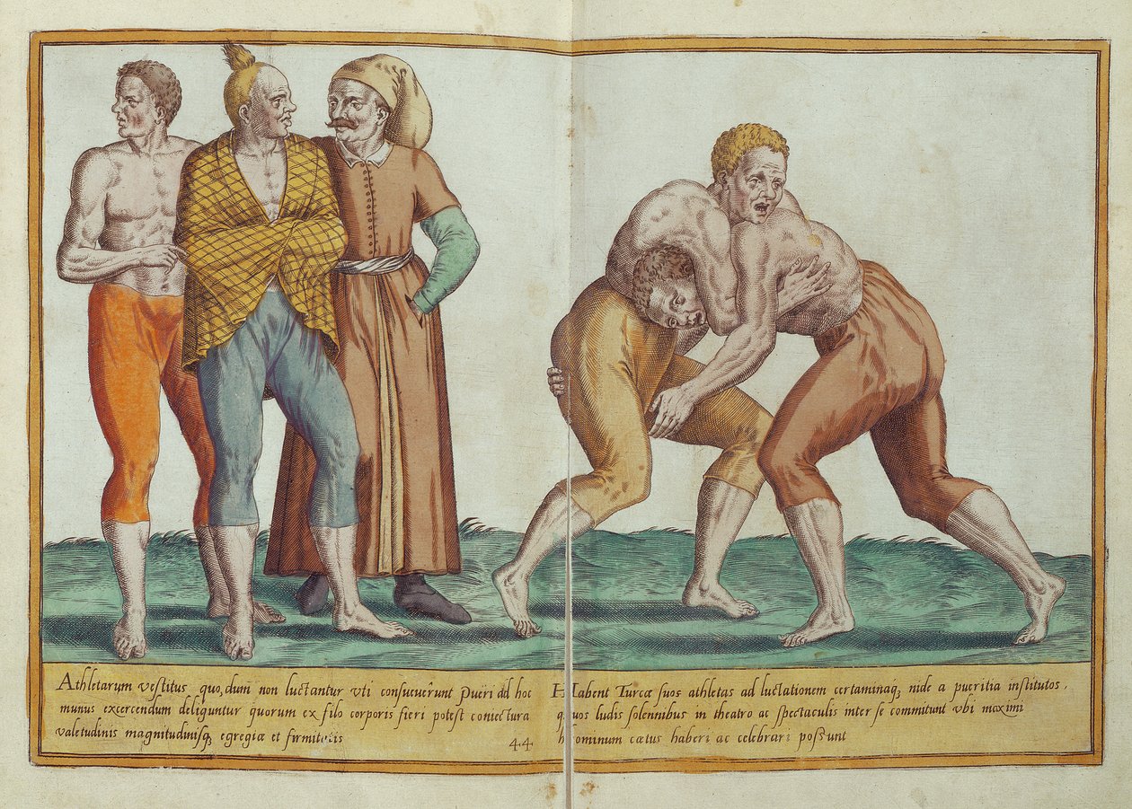 Turks wrestling, sixteenth century costumes from Omnium Poene Gentium Imagines, published in Cologne, 1577 by Abraham de Bruyn