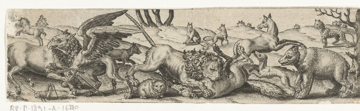 Fighting animals in a landscape by Abraham de Bruyn