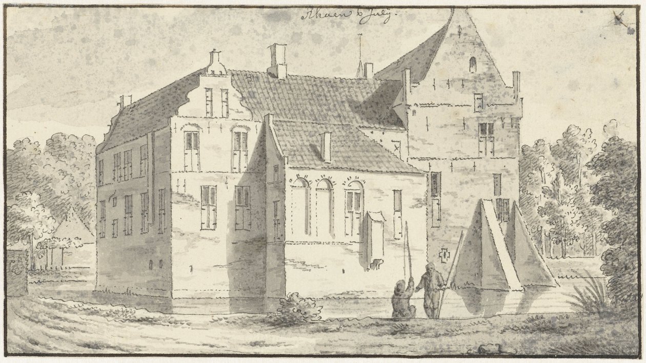 The House of Rhaen in Overijssel, with Two Anglers in the Foreground by Abraham de Haen (II)