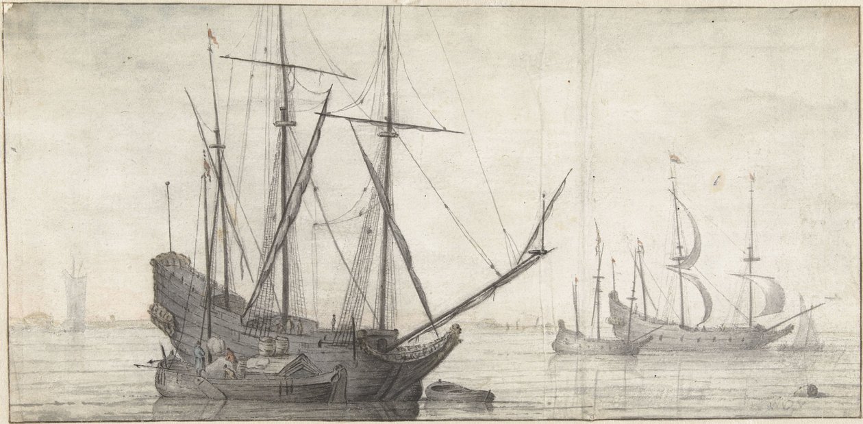 Sailing Ships on Calm Water by the Coast by Abraham de Verwer (possibly)