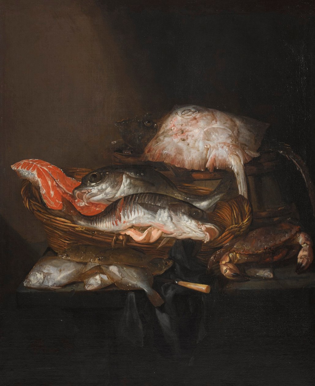 Still Life with a Ray on a Barrel, a Salmon Steak, a Pike Perch and a Coalfish in a Basket, with Flounders, a Knife and a Crab on a Draped Table by Abraham van Beijeren