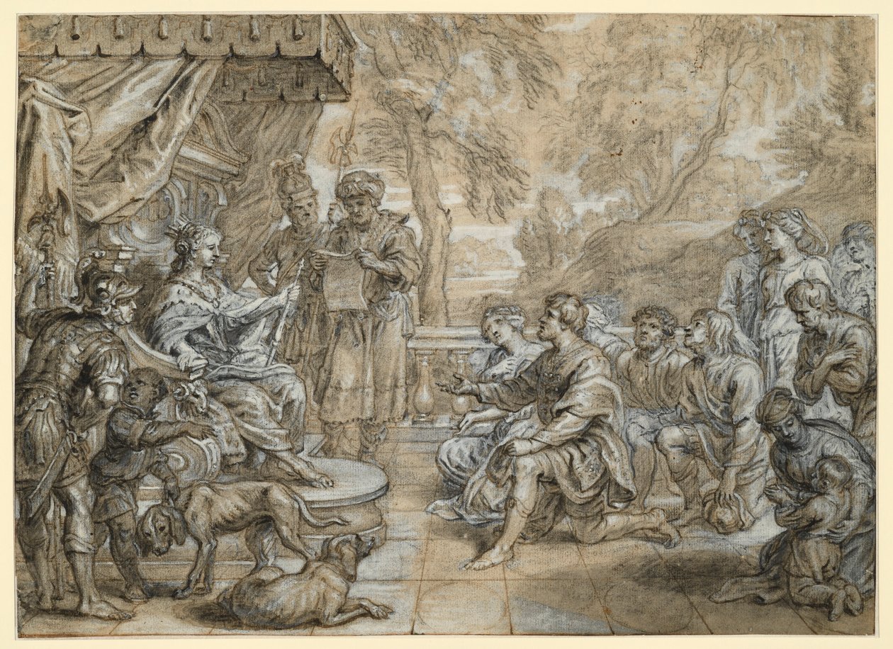 A Queen with an Ermine Mantle and Sceptre (Semiramis?) on a Throne, before Her Kneels a Group of Men and Women by Abraham van Diepenbeeck