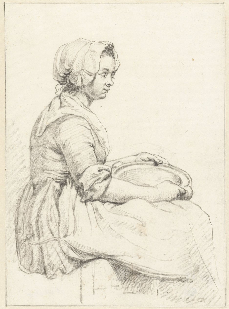 Seated Woman with a Dish on Her Lap, Facing Right by Abraham van Strij (I)