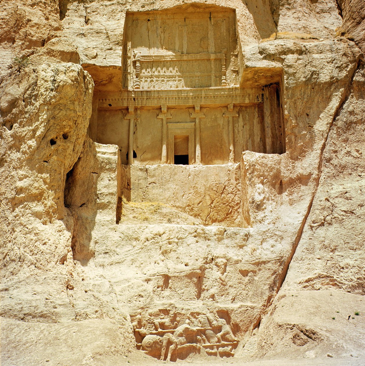 The rock-cut tomb of Artaxerxes I, with a Sasanian relief below depicting Shapur I