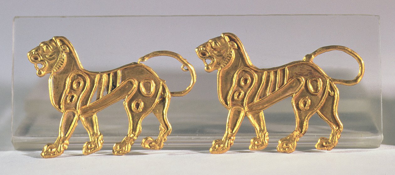 Two lion sequences which were sewn onto ceremonial robes, from Hamadan, c.5th-4th century BC by Achaemenid