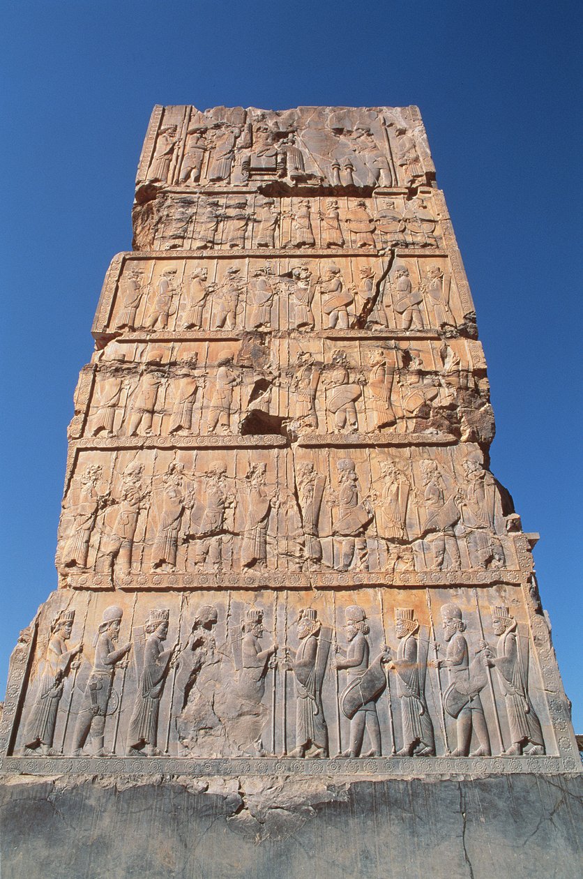 West entrance to the Hundred Column Hall, depicting rows of dignitaries supporting the King at the top by Achaemenid