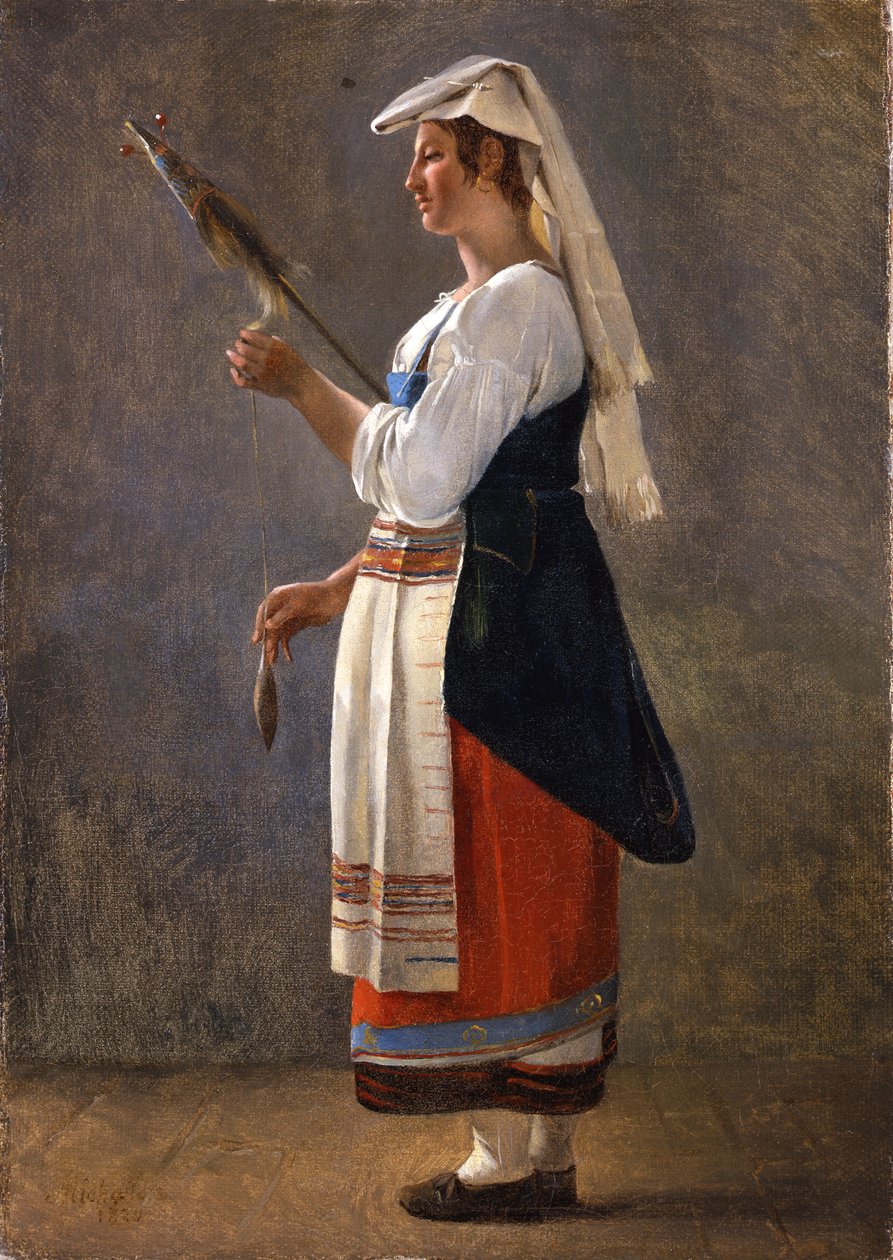 One of a Pair of Italian Studies: An Italian Peasant Spinning by Achille Etna Michallon