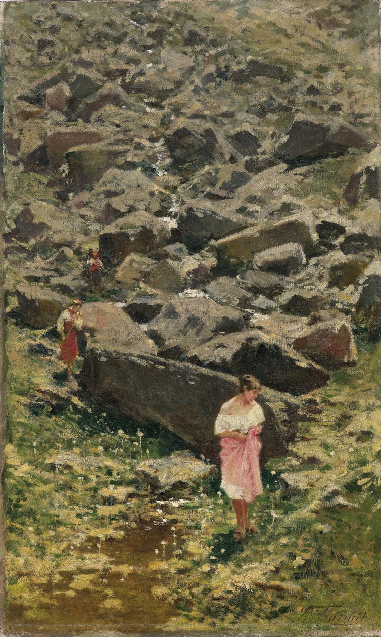 Rocky Landscape with Young Women by the Stream by Achille Formis Befani