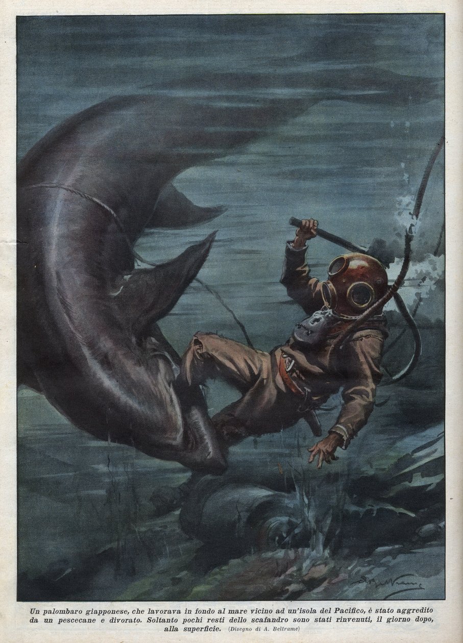 A Japanese diver with a scaphandler was devoured by a shark in the Pacific Ocean. Illustration by Achille Beltrame from La domenica del corriere of 08/08/1937 by Achille Beltrame