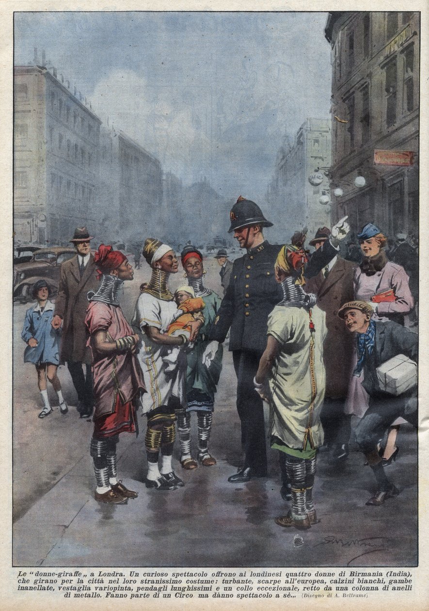 A Group of Women-Giraffes from Burma Ask Their Way to an English Policeman in London. Illustration by Achille Beltrame in 