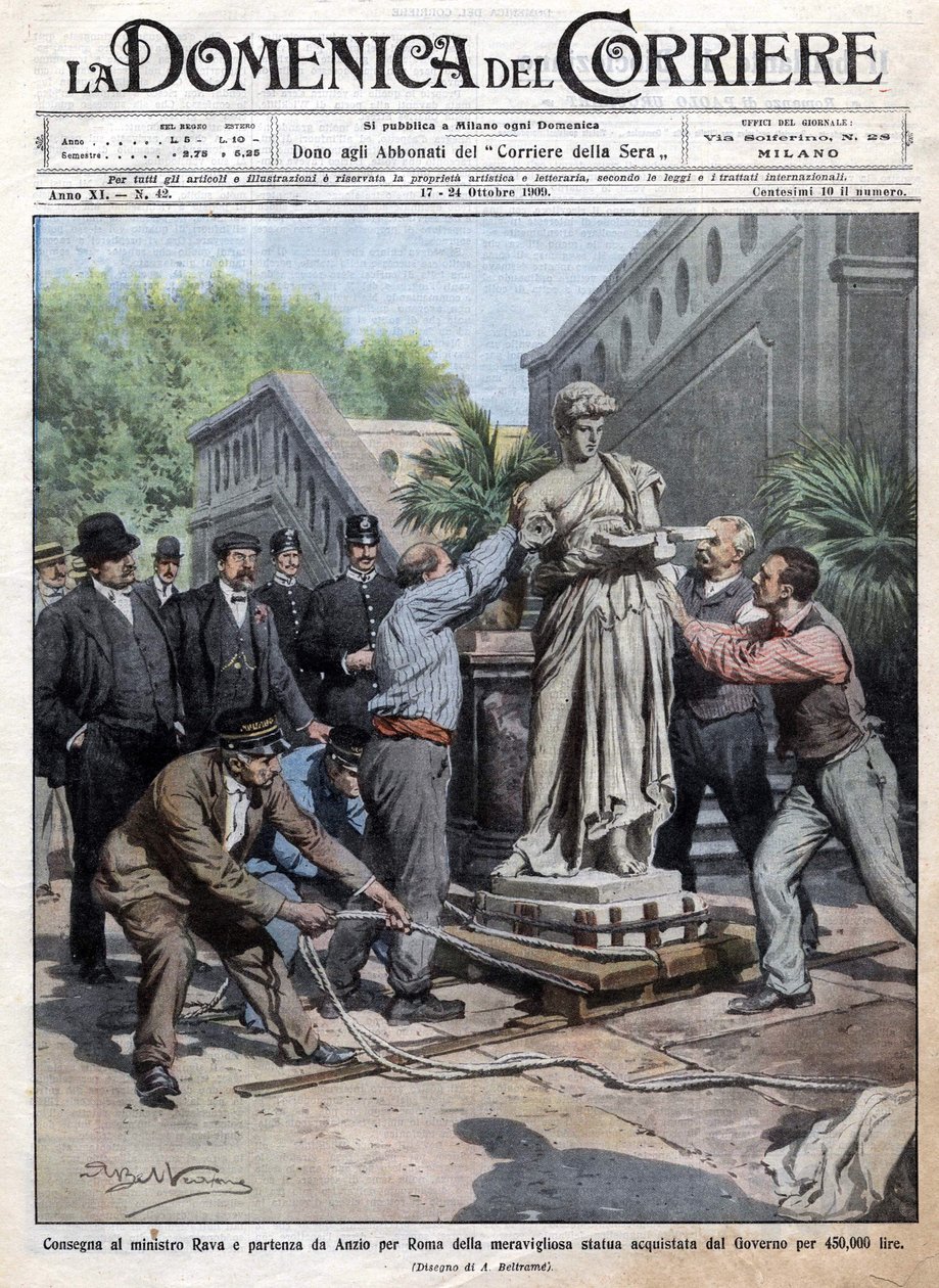 A Statue Bought by the Government at 450 Thousand Lire is Brought to Rome and Delivered to Minister Rava. Illustration by Beltrame. La Domenica del Corriere. 10/1909 by Achille Beltrame
