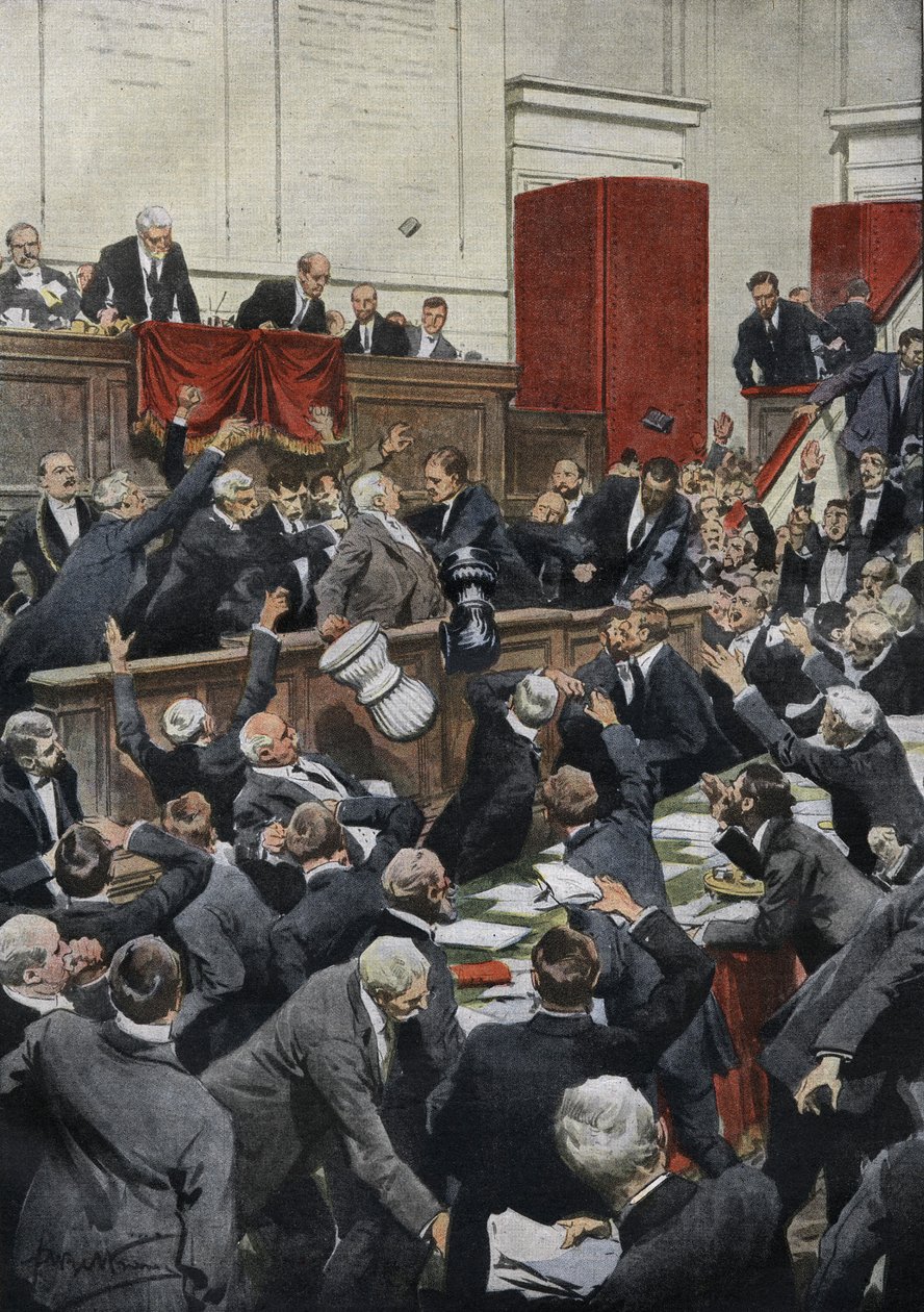 A stormy sitting in the Italian Chamber of Deputies during a budget debate. MP Chiesa suspends the vote by throwing the ballot box. 