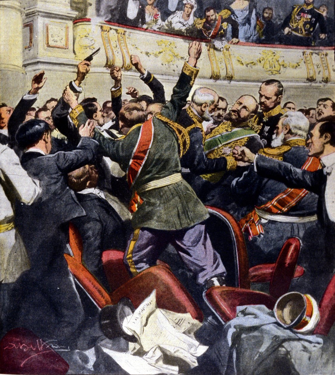 Assassination attempt on the Russian minister Stolypin at the municipal theater of Kiev. Illustration by Beltrame by Achille Beltrame