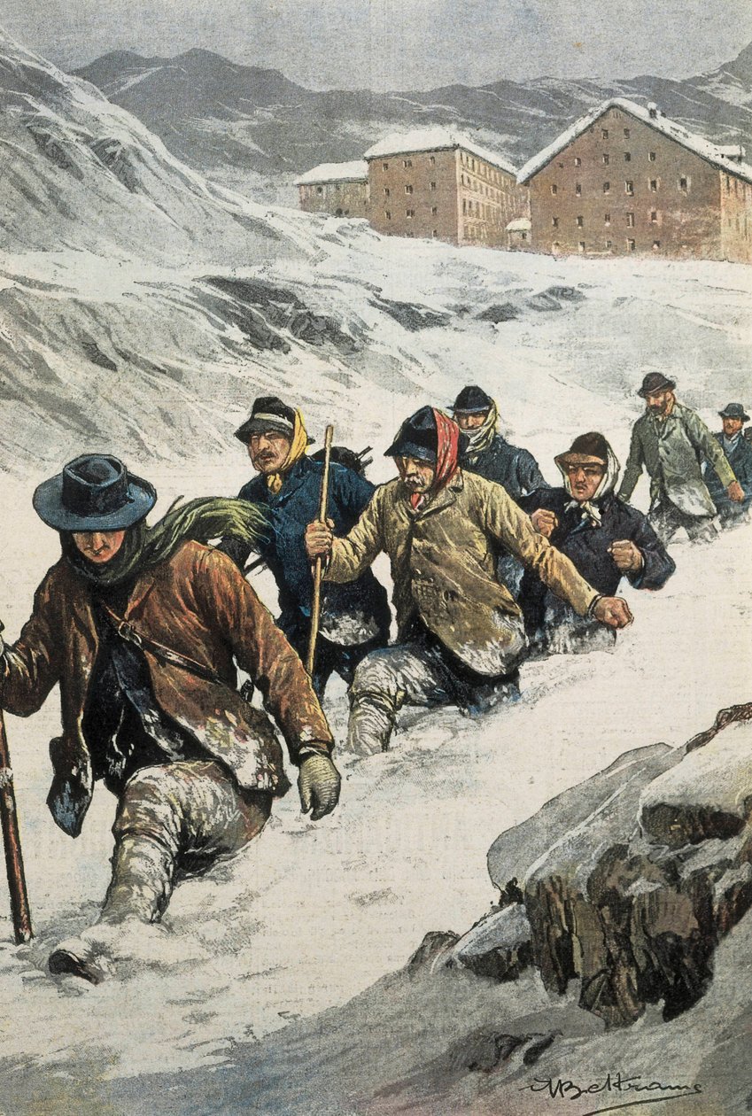 Italian Workers Crossing the St. Bernard Pass Between Aosta and Switzerland. Cover of La Domenica del Corriere. 02/14/1904 by Achille Beltrame