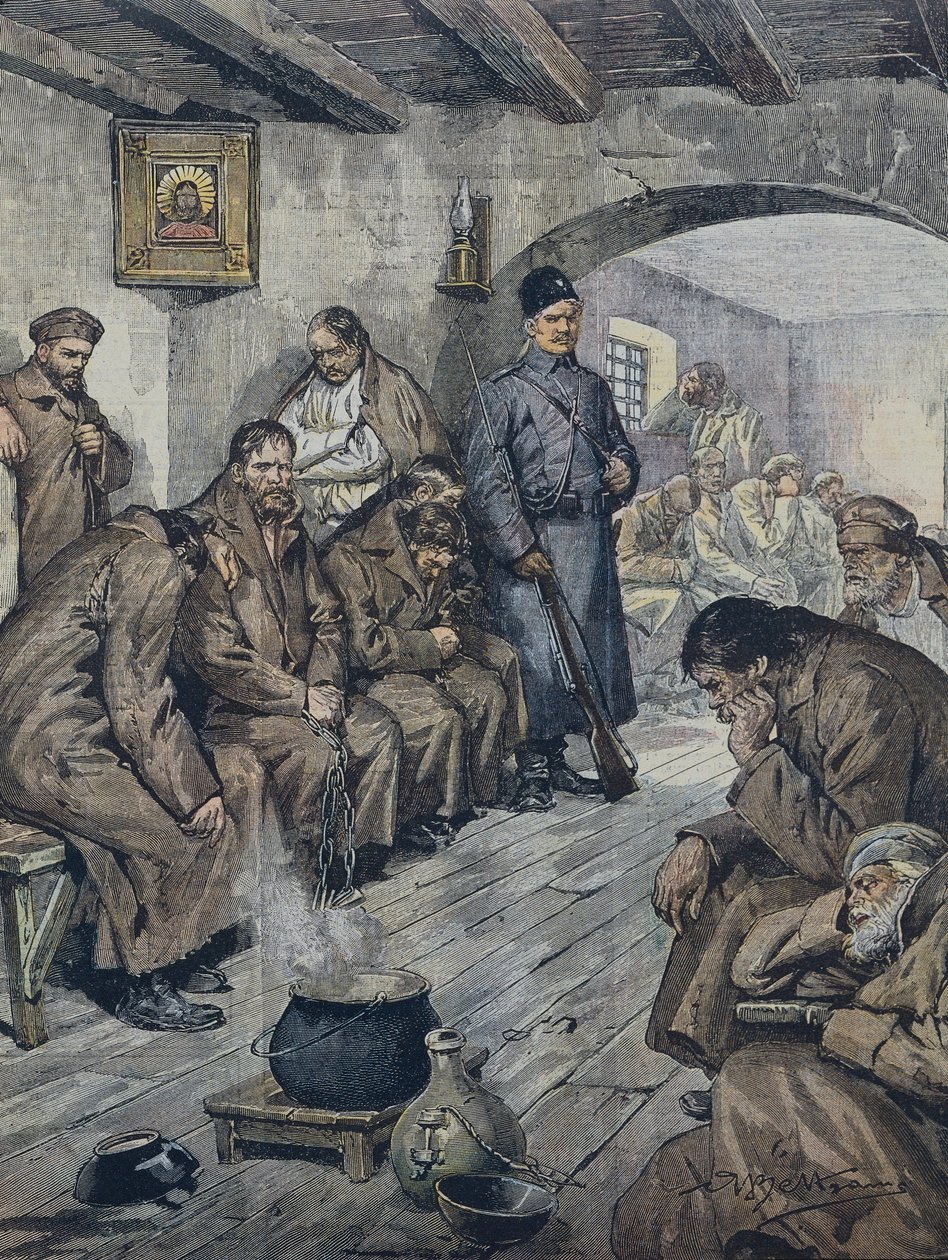 Russian prisoners on hunger strike for the freedom of their fellow tubercular. Illustration by A. Beltrame, La Domenica of Corriere, June 19 by Achille Beltrame