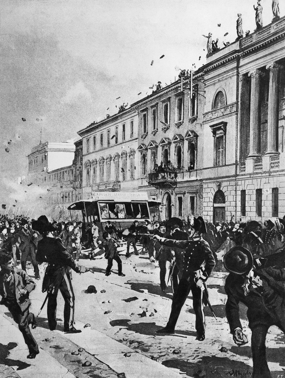 Clash between demonstrators and police in Milan, Corso Venezia, in front of Palazzo Saporiti, May 7 by Achille Beltrame
