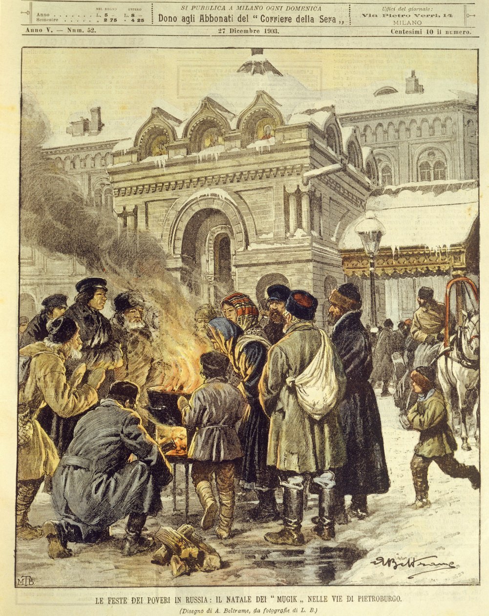 Cover illustration of Mujiks celebrating Christmas in streets of Saint Petersburg, Russia by Achille Beltrame