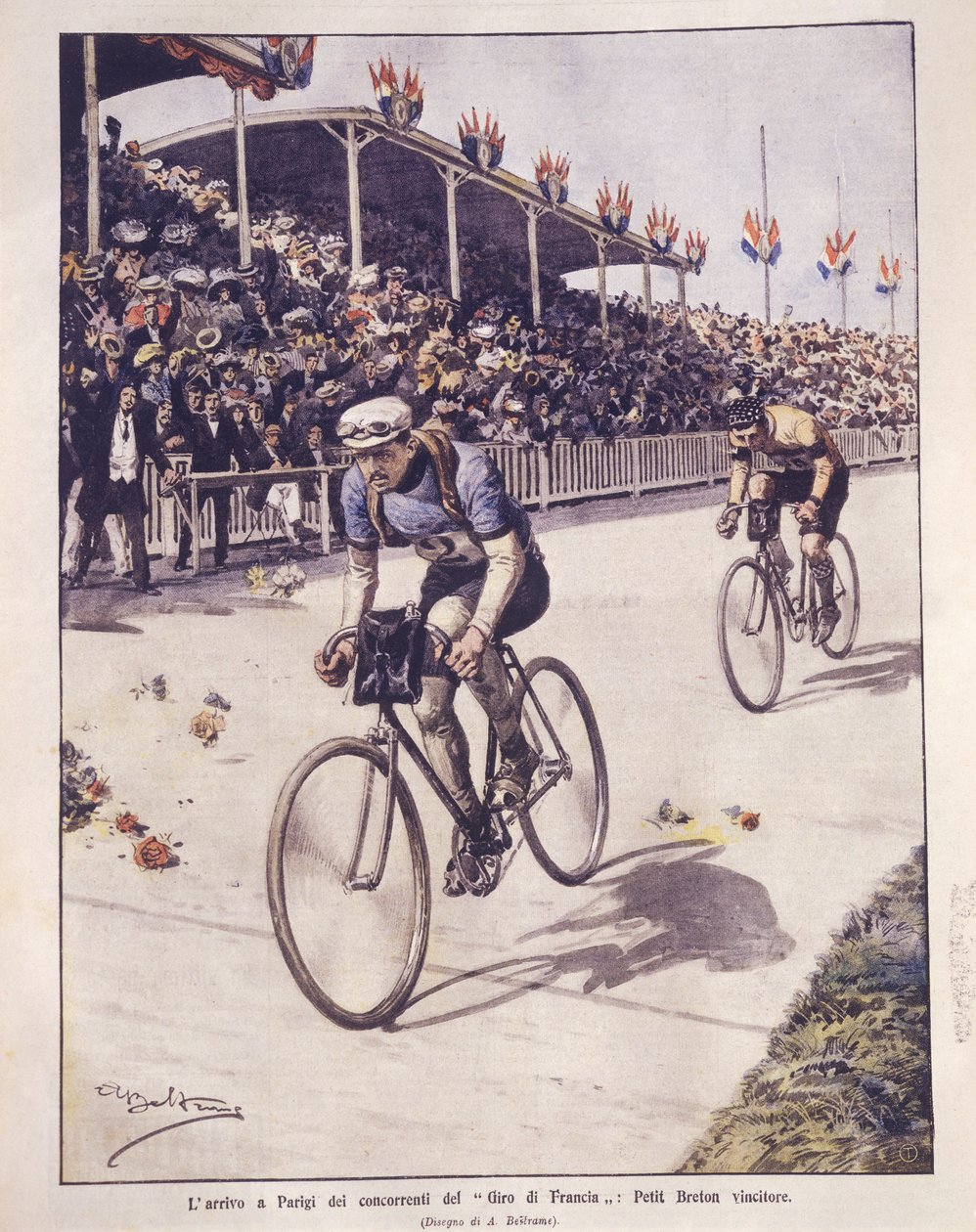 Cover illustration of Tour de France riders arrival, with Petit-Breton winner; Paris, France by Achille Beltrame