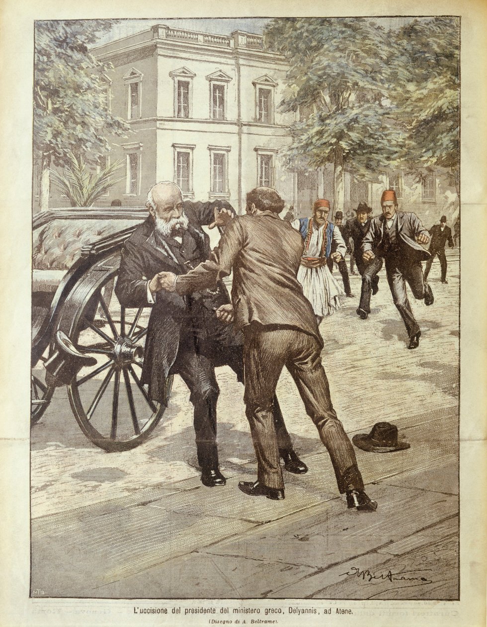 Cover illustration of assassination of Greek Prime Minister Delyannis; Athens, Greece by Achille Beltrame