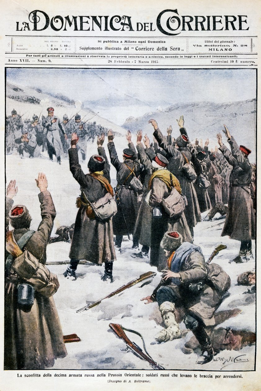 Defeat of tenth Russian army in East Prussia: Russian soldiers raising their arms in surrender, plate by Achille Beltrame from La Domenica del Corriere by Achille Beltrame