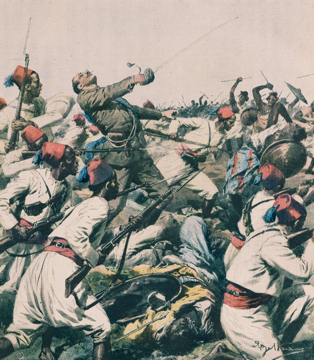 Ethiopian attack on Lugh garrison and killing of Captain Bongiovanni, illustration from La Domenica del Corriere by Achille Beltrame