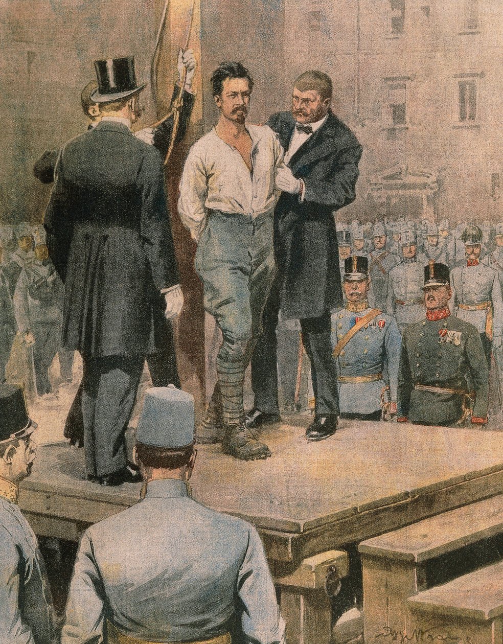 Execution of Cesare Battisti in Trento, illustration from La Domenica del Corriere, July 1916 by Achille Beltrame