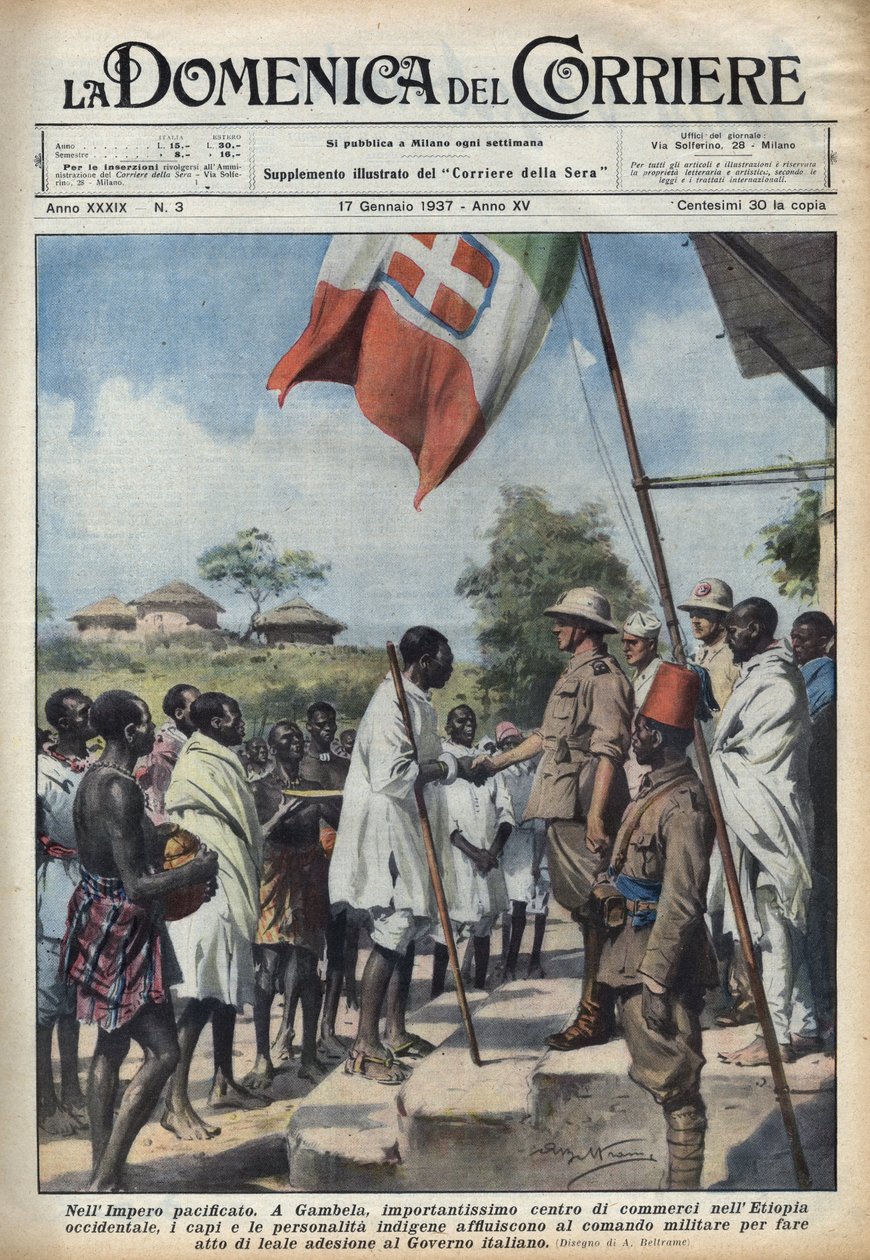 Fascism 1937: Meetings in Gambela, the Trading Centre of the Ethiopian Empire, of Indigenous Chiefs and Personalities to Make an Act of Accession to the Italian Government. Illustration of Achille Beltrame in 