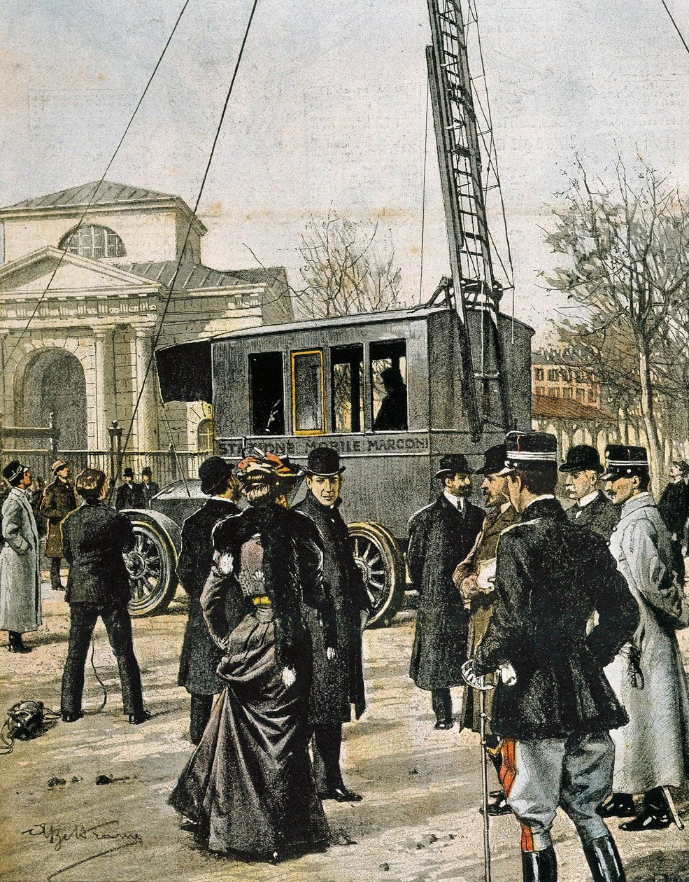Guglielmo Marconi assists in Milan to the test of the first Stazione Radio Mobile. Illustration by Achille Beltrame for 