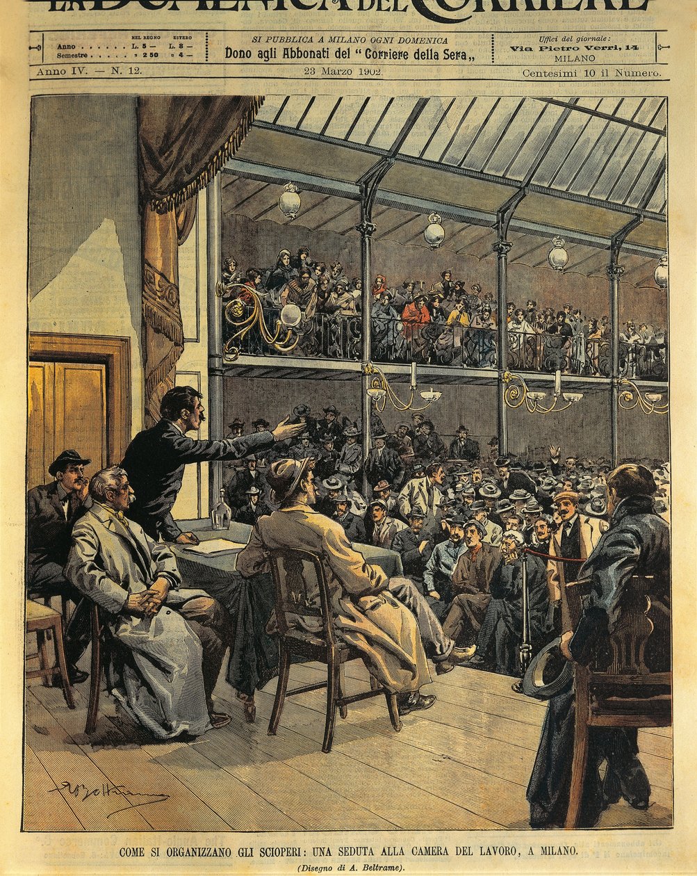 How to organize strikes, session of Chamber of Labor in Milan, illustration by Achille Beltrame from La Domenica del Corriere, March 23 by Achille Beltrame
