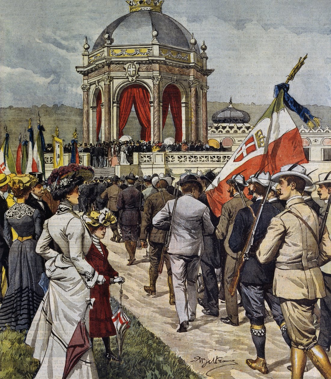 Inauguration of IV shooting competition at Farnesina polygon, Rome, Italy, illustration by Achille Beltrame from La Domenica del Corriere, May 25 by Achille Beltrame