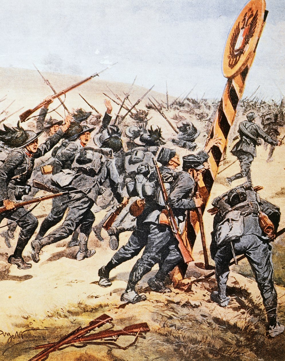 Italian Soldiers Crossing Austrian Border, June 1915 by Achille Beltrame