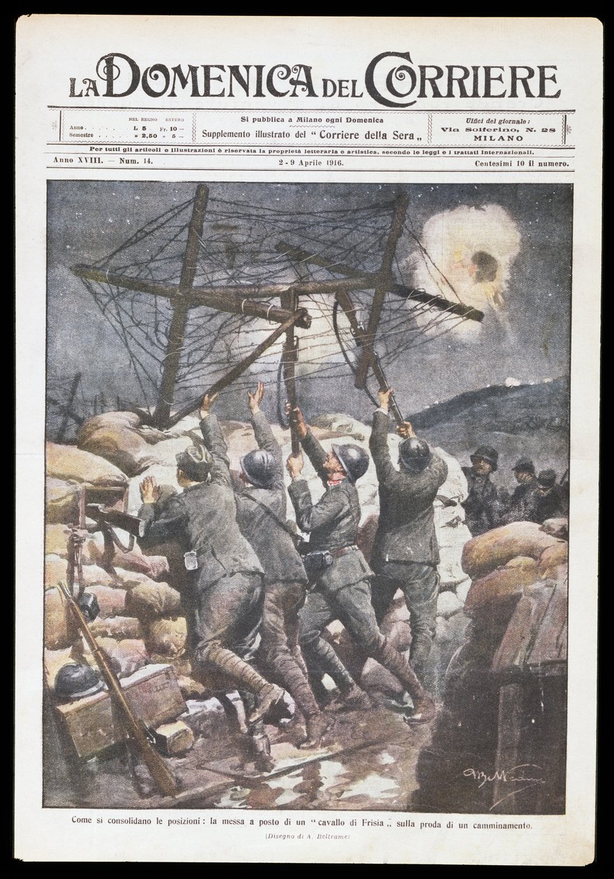 Italian soldiers putting Frisian horse on trench, plate by Achille Beltrame for Domenica del Corriere, 2-9 April 1916, First World War, Italy, 20th century by Achille Beltrame
