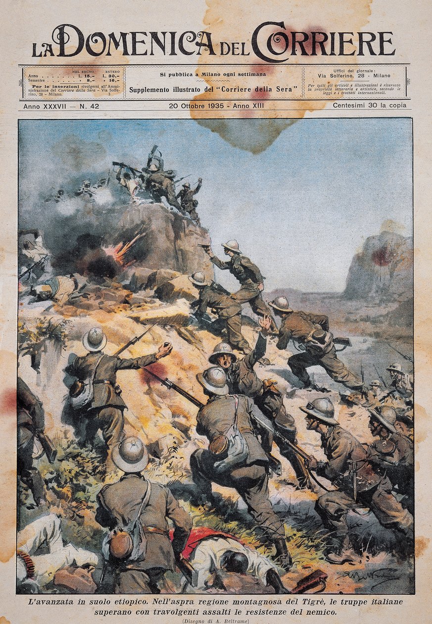 Italian troops advancing on Ethiopian soil, illustration from La Domenica del Corriere, October 20 by Achille Beltrame