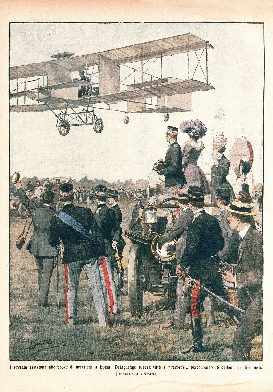 The flight of Leo Delagrange, La Domenica del Corriere by Achille Beltrame