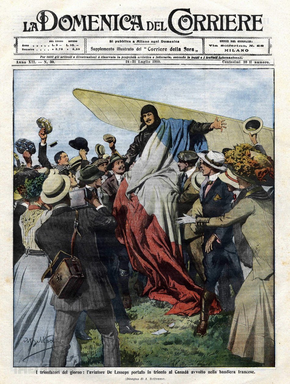 Jacques de Lesseps (1883-1927) upon his arrival in Canada in 1910. Illustration by Achille Beltrame for the Domenica del Corriere of July 24 by Achille Beltrame