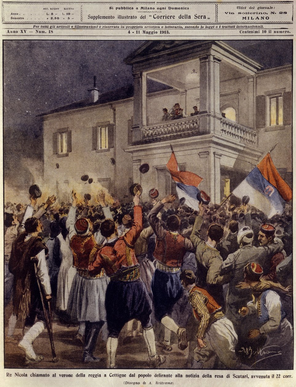 King Nicholas I of Montenegro before a crowd at Cettigne after the surrender of the city of Shkoder, May 4 by Achille Beltrame