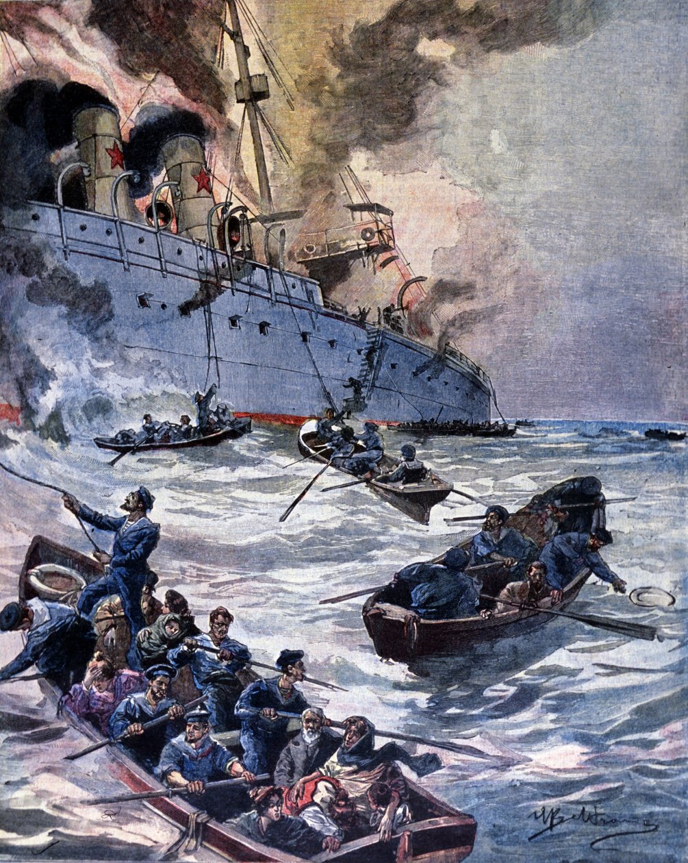 The fire of the steamship Vittoria in Alicante. Illustration by Beltrame. La Domenica del corriere. 1899 by Achille Beltrame