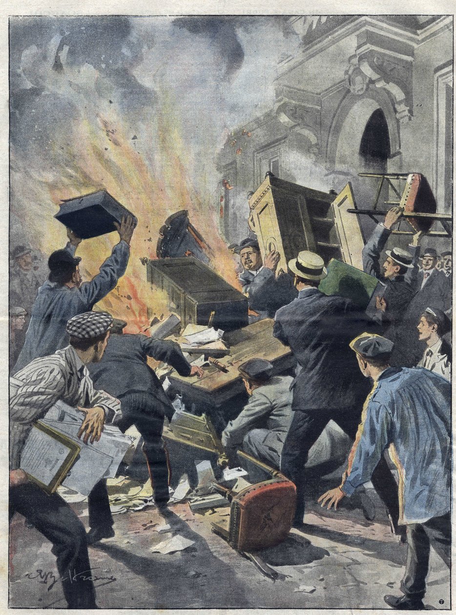 Midi Wine Crisis in 1907: Winemakers Set Fire to the Town Hall of Beziers (Herault). Illustration of Achille Beltrame from 1907 by Achille Beltrame