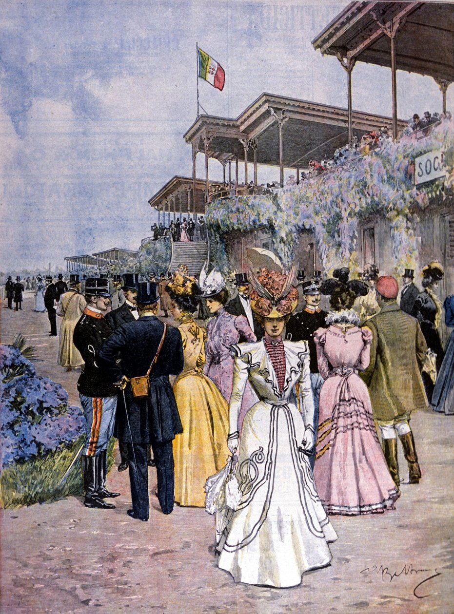 Milan: horse races at the San Siro hippodrome: awarding of the Commerce Prize (Premio del commercio). Illustration by Beltrame. La Domenica del corriere. 1899 by Achille Beltrame