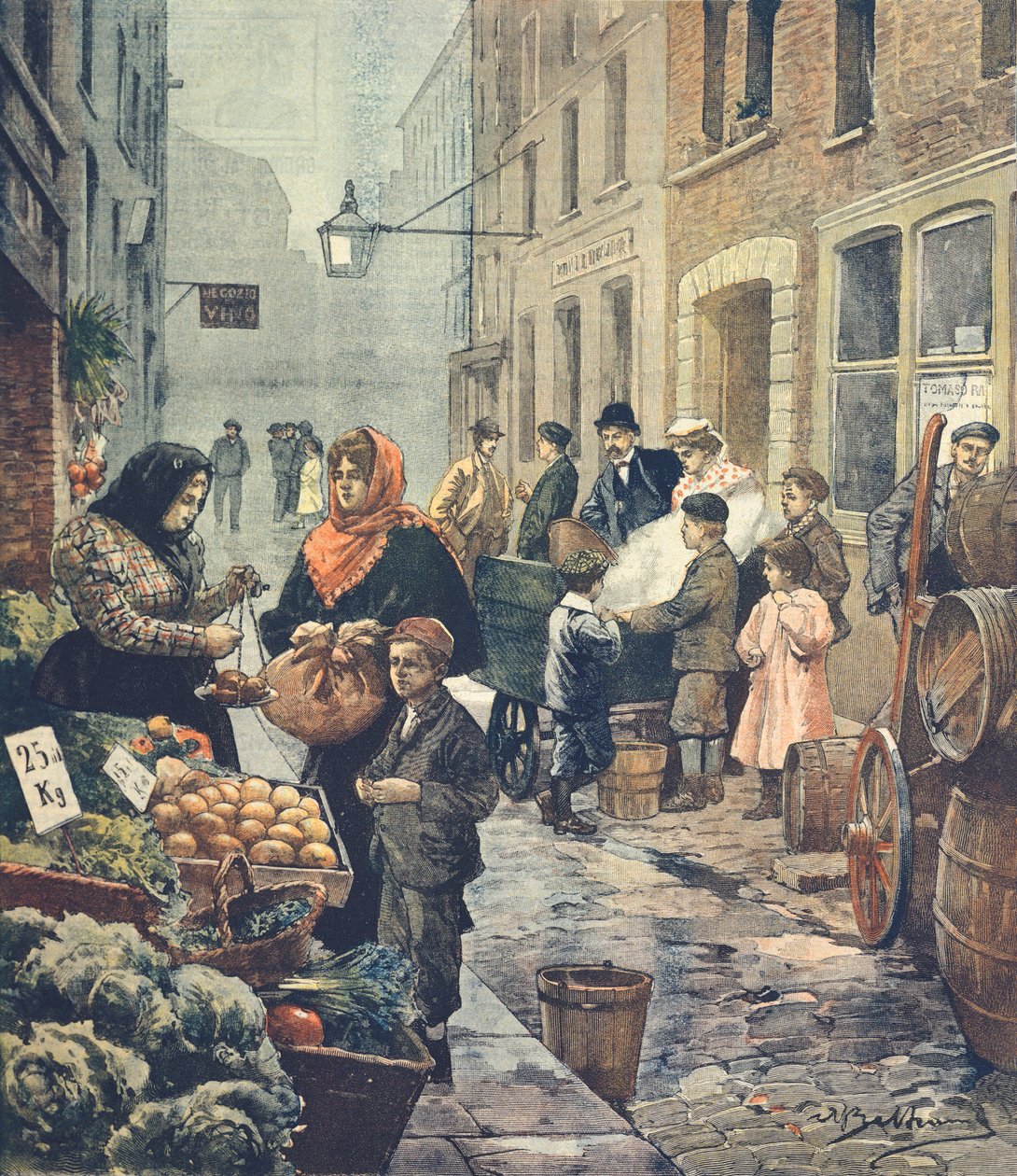 One of the most characteristic streets of the Italian Quarter, Soffron Hill, London, by Achille Beltrame, from La Domenica del Corriere by Achille Beltrame