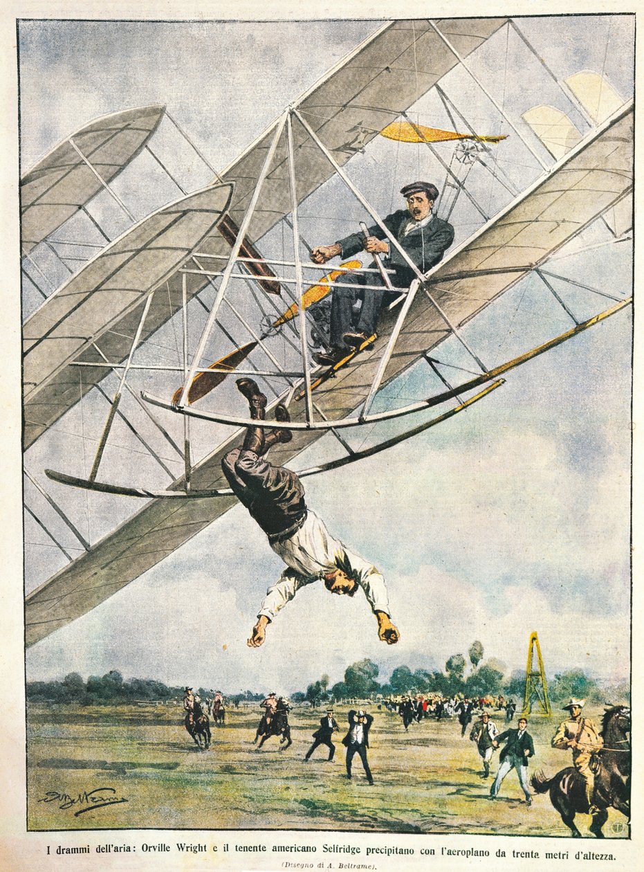 Orville Wright and Lieutenant Seliridge plunging with biplane from thirty meters, illustration by Achille Beltrame from La Domenica del Corriere, October 11 by Achille Beltrame