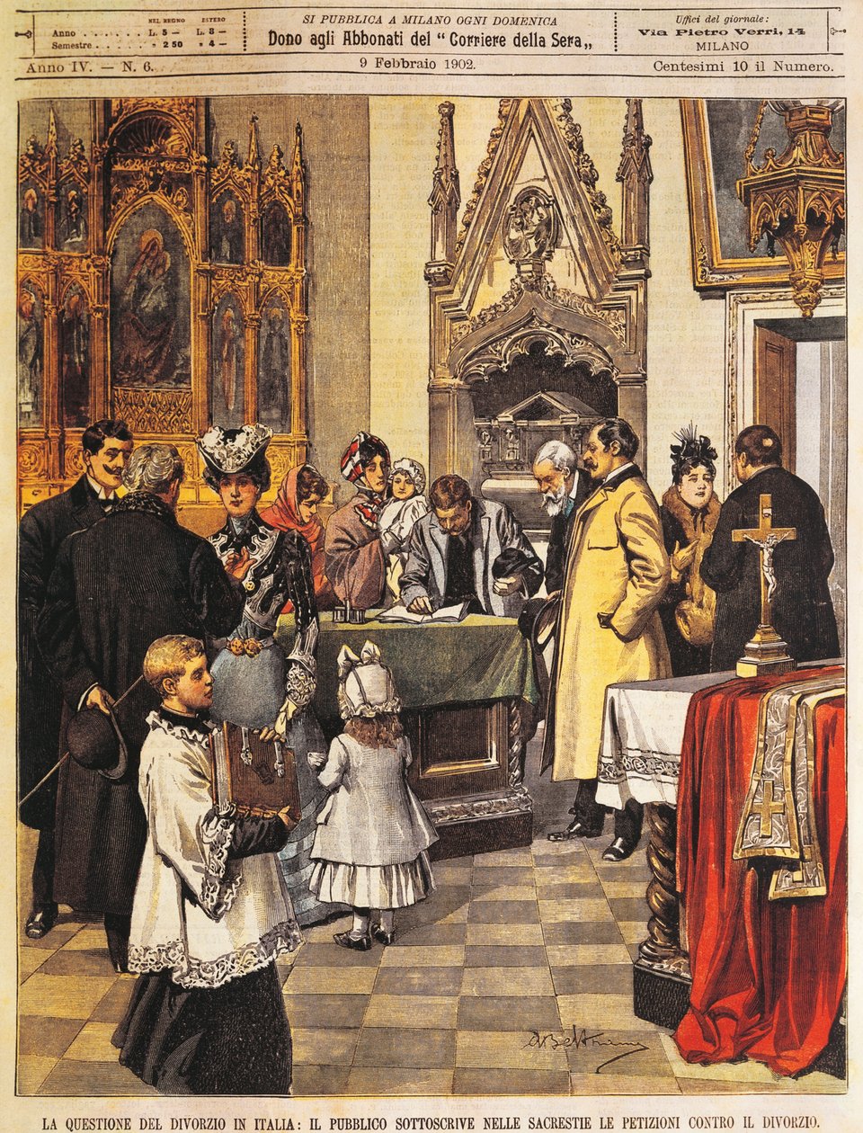 Public sign petition against divorce in sacristy, by Achille Beltrame, illustration, from La Domenica del Corriere, 9th February 1902 by Achille Beltrame