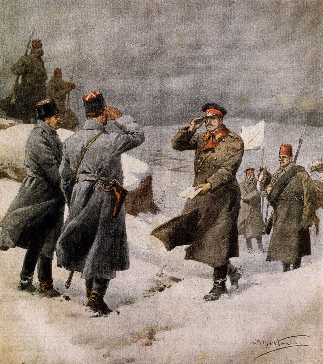 Resumption of war, Turkish parliamentarian arriving in Bulgarian camp bearing message announcing end of Armistice, illustration from La Domenica del Corriere, February 9 by Achille Beltrame
