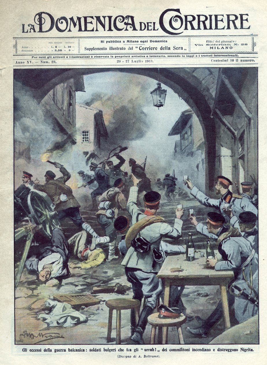 Second Balkan War (1913) between Bulgaria and Greece and Turkey: Bulgarian soldiers set fire and destroy Nigrita in Greece. Illustration of Beltrame. by Achille Beltrame