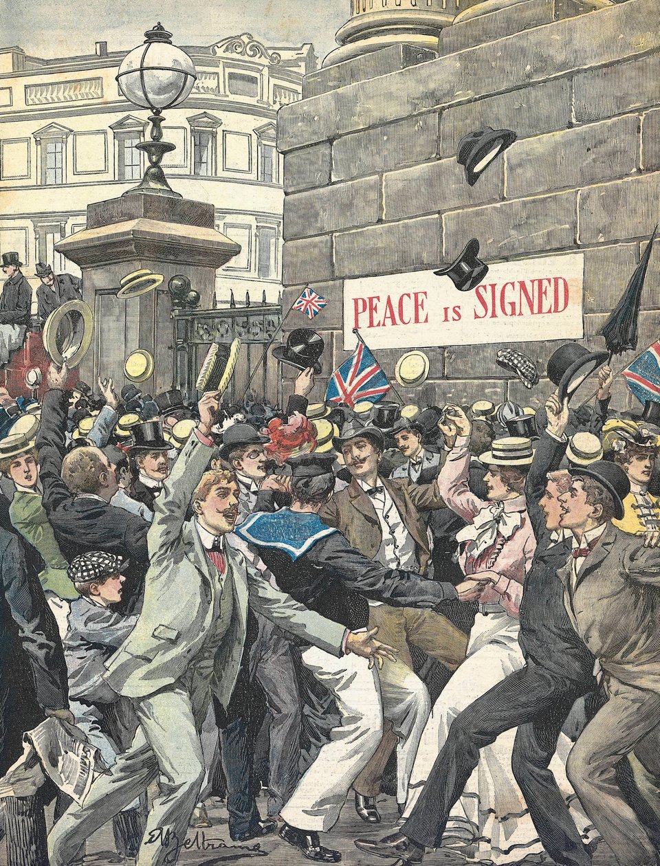 Second Boer War. Announcement of the End of the War in the Streets of London. Illustration by Antonio Beltrame. La Domenica del Corriere by Achille Beltrame
