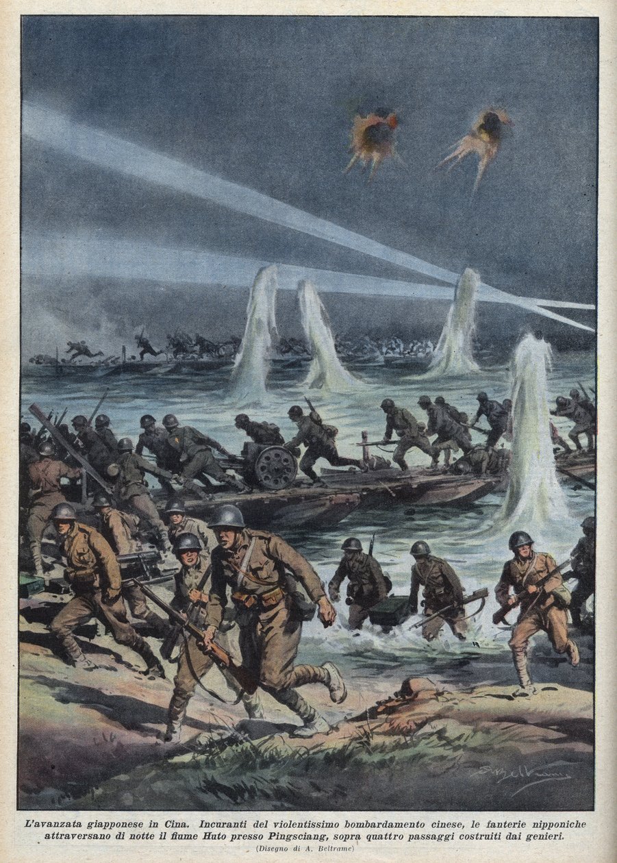 Second Sino-Japanese War (1937-1945): The Japanese army crosses the Huto River near Pingshang, under Chinese bombing. Illustration by Achille Beltrame from La domenica del corriere of 17/10/1937 by Achille Beltrame