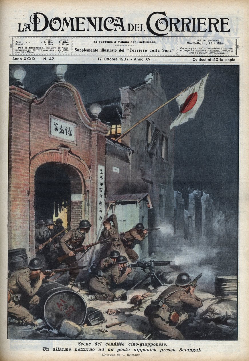 Second Sino-Japanese War: Clashes Near Shanghai. Illustration by Achille Beltrame in 