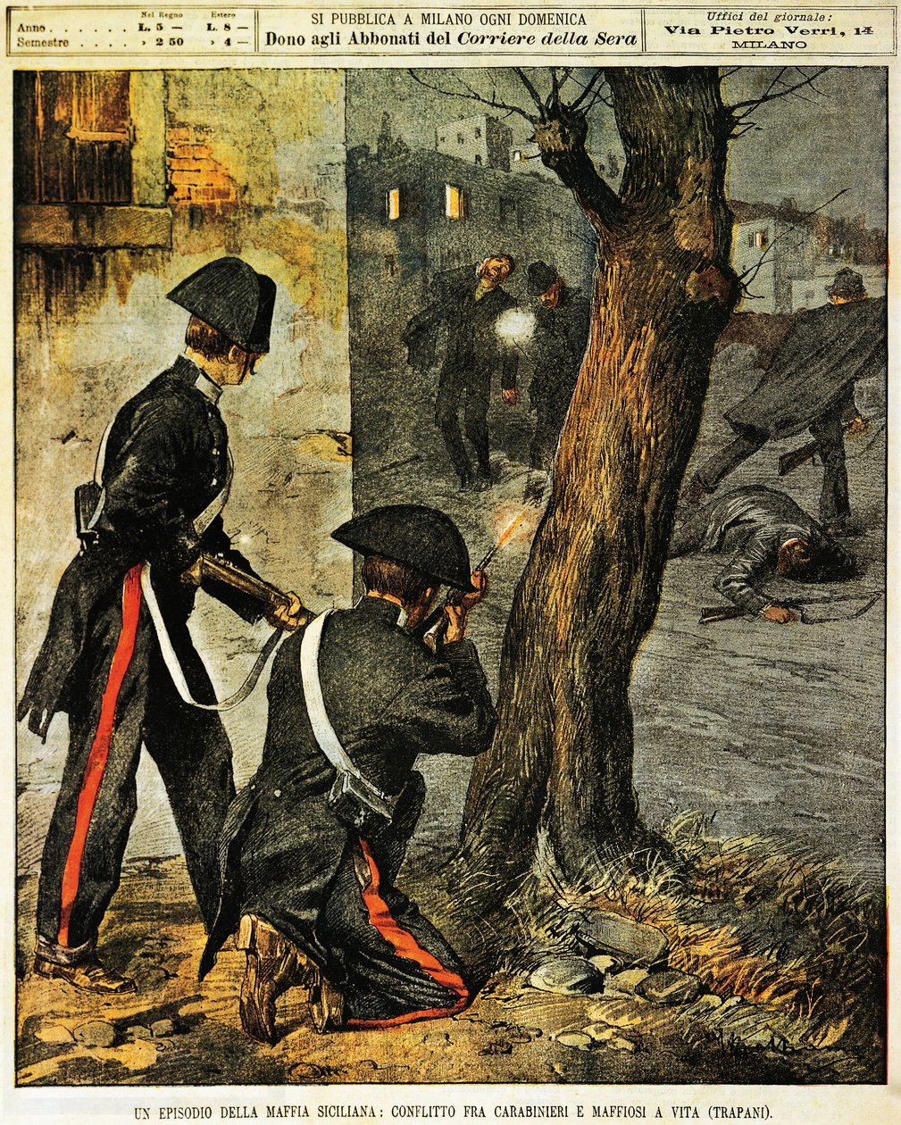 Sicilian mafia event, Fighting between carabinieri and mafia gangsters in Trapani, illustration by Achille Beltrame, from La Domenica del Corriere, 31st December 1899 by Achille Beltrame
