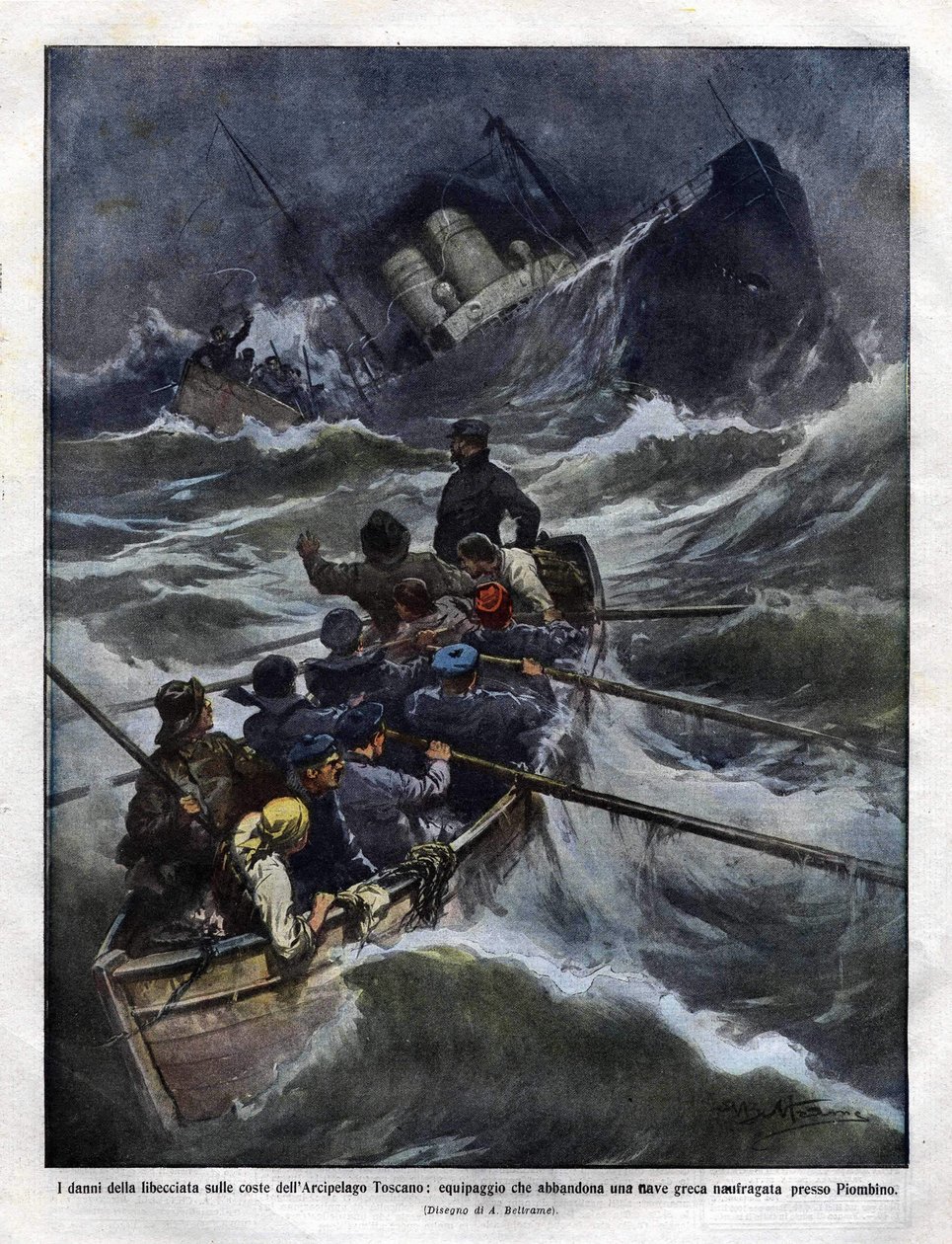 Sinking of an Italian boat off Tuscany in 1910. illustration by Achilles Beltrame by Achille Beltrame