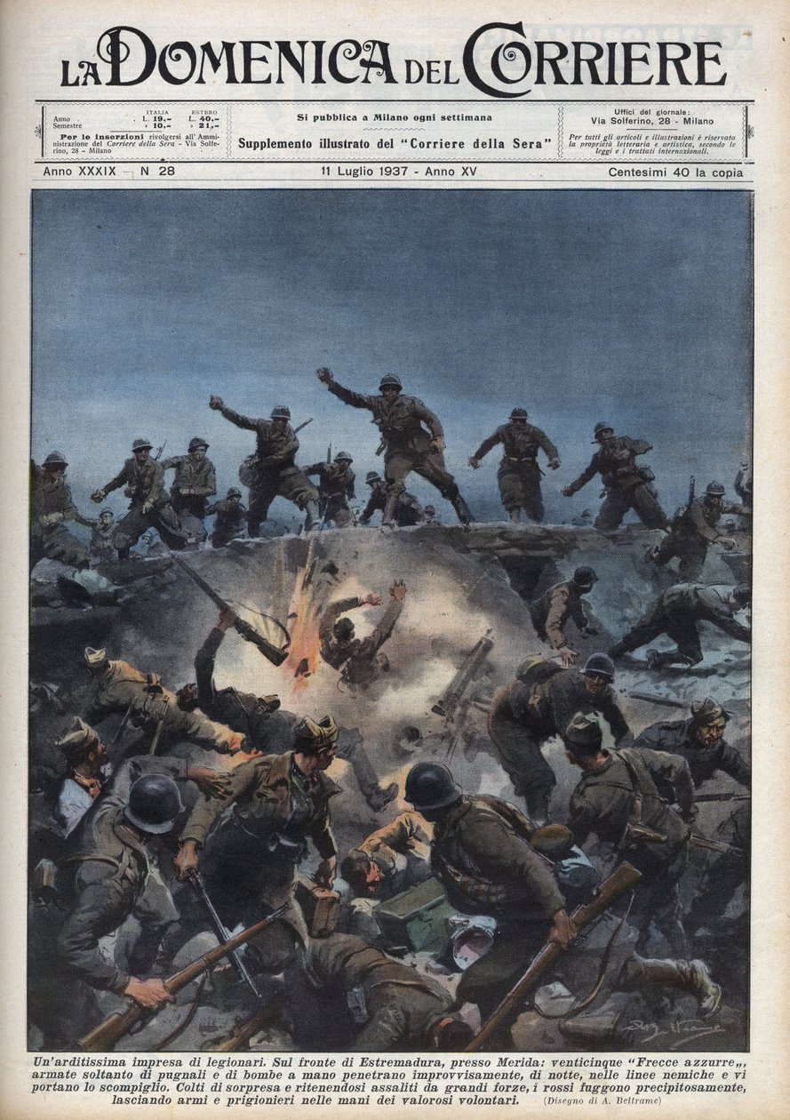 Spanish Civil War: A division of Italian volunteers flee the Spanish Republican Army in the Merida region, Spain. Illustration of Achille Beltrame in 